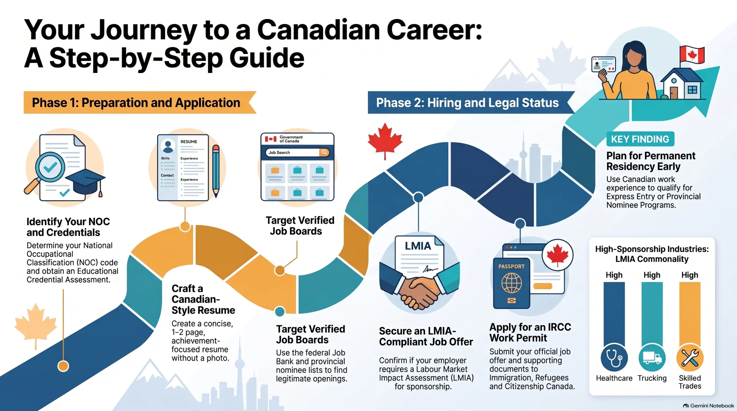 Infographic showing the step-by-step process for foreigners to get a job in Canada, including NOC codes, Canadian-style resumes, and work permit applications.