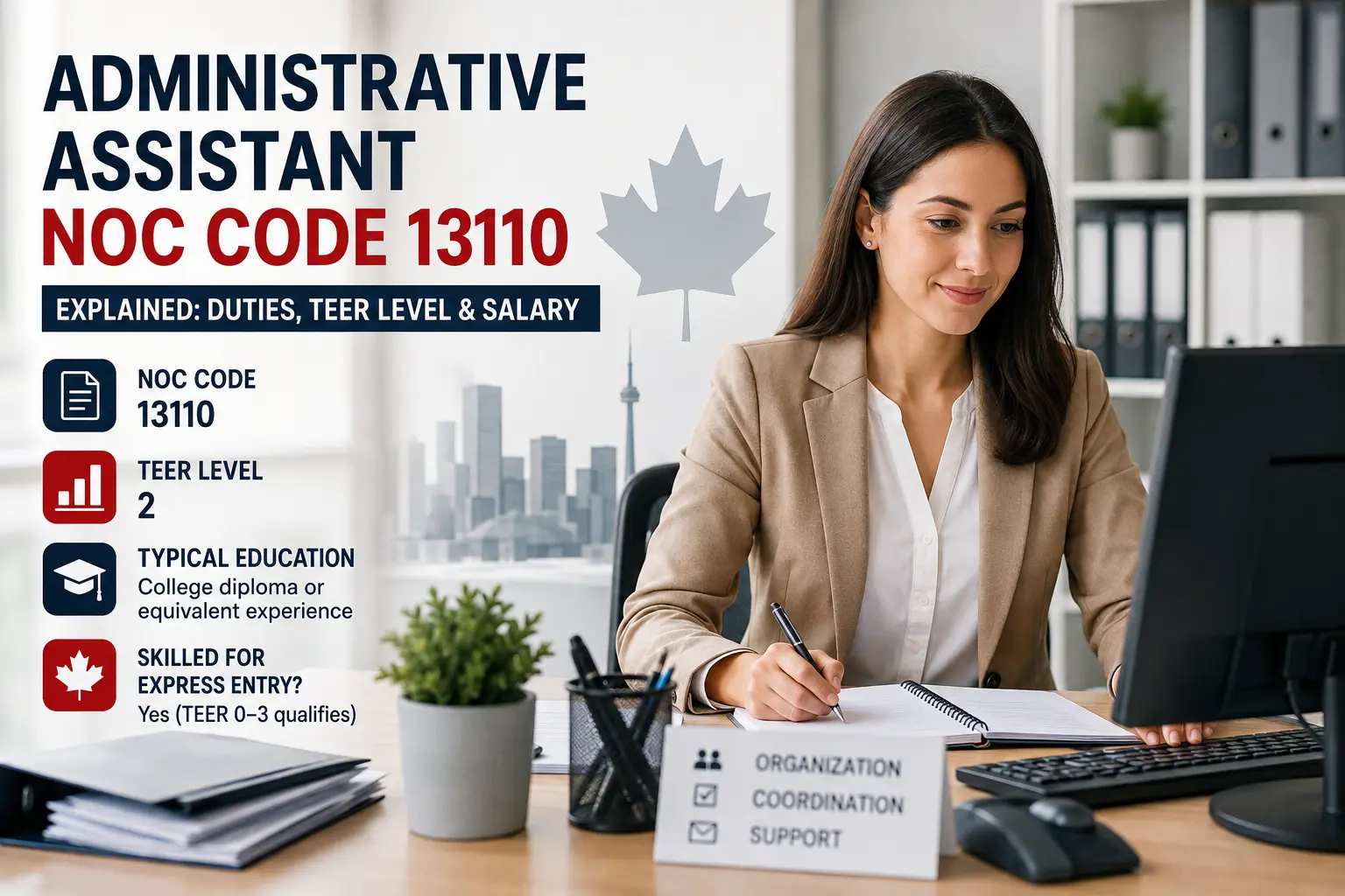 Administrative Assistant NOC Code 13110 and TEER 2 explained with a Canadian office professional