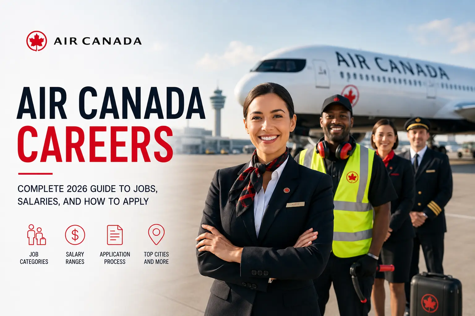 Air Canada careers 2026 guide featuring airline employees and an Air Canada aircraft at an airport