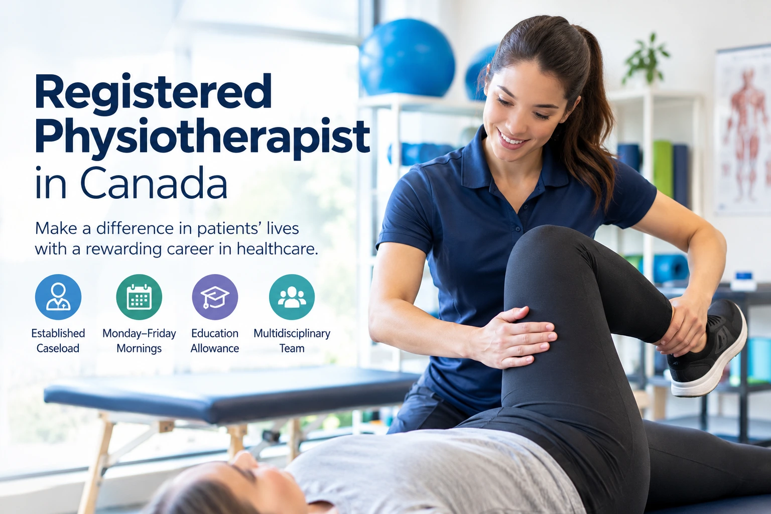 Registered physiotherapist providing rehabilitation care in a modern Canadian clinic